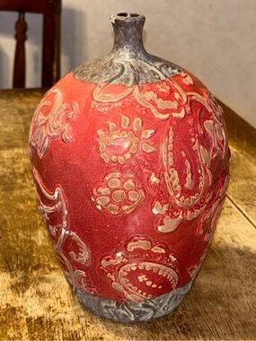 Sari Red Ceramic Bottle Vase Raised Paisley Floral Distressed Brown Estate